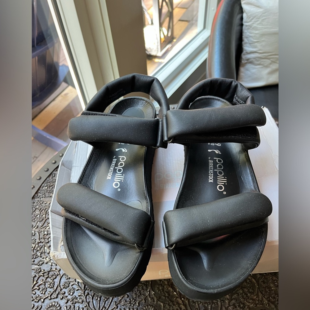 BIRKENSTOCK PAPILLIO THEDA LEATHER PLATFORM SANDALS BLACK 39 EU 8 US - Picture 7 of 11